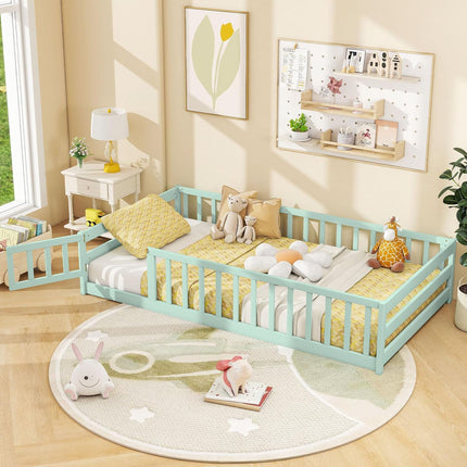 Dreamade Floor Bed with Door & Fence Kids Wood Montessori Beds with Safety Guardrails