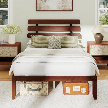 Dreamade Queen/Full/Twin Size Platform Bed with Retro Headboard Mid Century Modern Bed Frame with Wood Slat Support