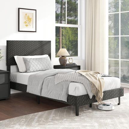 Dreamade Bed Frame | Velvet Upholstered Platform Bed w/Height Adjustable Chevron Headboard