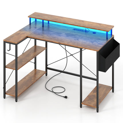 DREAMADE L-Shaped Gaming Desk with LED Lights & Power Outlets, 48" Computer Table with Storage Shelves