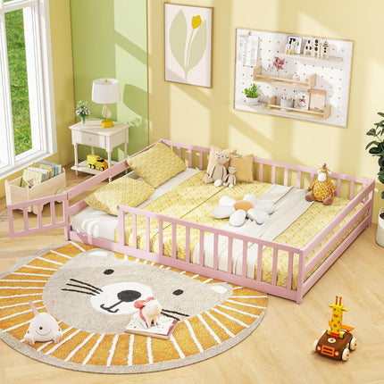 Dreamade Floor Bed with Door & Fence Kids Wood Montessori Beds with Safety Guardrails