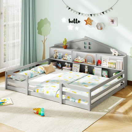 Dreamade Montessori Floor Bed with LED Lights 2-in-1 Wooden House Bed Frame with Safety Guardrails