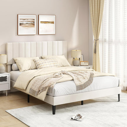 Dreamade Queen/Full/Twin Size Upholstered Bed Frame Platform Bed with Height Adjustable Vertical Channel Headboard