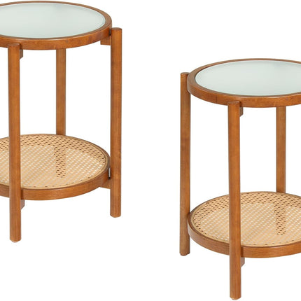 Dreamade 2-Tier Boho Rattan Round Side Table w/Tempered Glass Top (1/2)