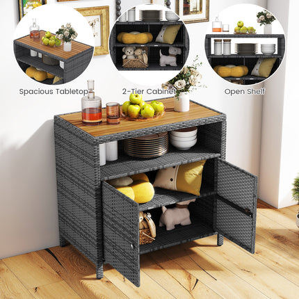 DREAMADE Outdoor Storage Cabinet, Wicker Patio Cabinet with Wood Top, Grey