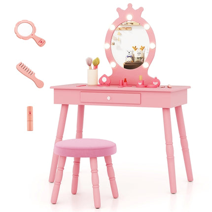 DREAMADE 2-in-1 Kids Makeup Vanity, Girls Vanity w/Lights, Stool, Mirror & Drawer