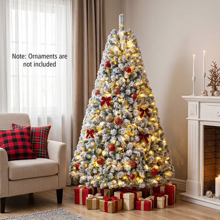 DREAMADE 7 FT Snow Flocked Christmas Tree, Pre-Lit Artificial Pine Tree