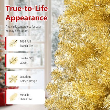 DREAMADE 6 FT Gold Tinsel Christmas Tree, Metallic Artificial Decoration