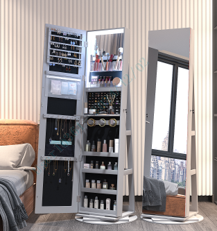 DREAMADE 360° Rotating Jewelry Armoire, 3-in-1 Lockable Large Capacity Jewelry Organizer w/ 3 Color LED Lighting