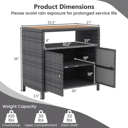DREAMADE Outdoor Storage Cabinet, Wicker Patio Cabinet with Wood Top, Grey