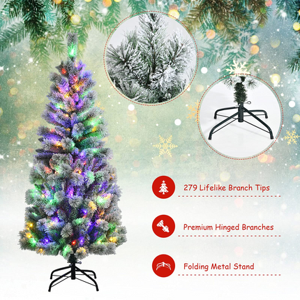 Dreamade 5ft Pre-lit Snow Flocked Christmas Tree, Premium Hinged Artificial Pine Tree w/ 9 Lighting Modes & 140 Color Changing LED Lights - DreamadeUS