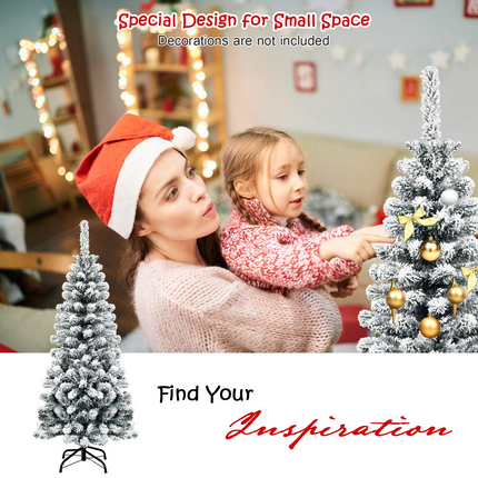 Dreamade Artificial Snow Flocked Christmas Tree, Slim Xmas Snowy Tree for Indoor and Outdoor Use - DreamadeUS