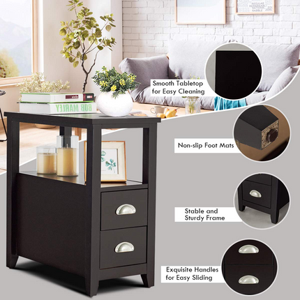 Dreamade End Table Wooden W/ 2 Drawers and Shelf Space-Saving Rectangular Bedside Table