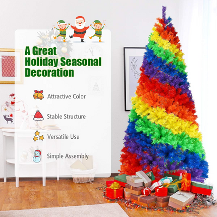 Dreamade 7FT Colorful Rainbow Full Fir Christmas Tree, Artificial Hinged Christmas Tree w/Solid Metal Stand - DreamadeUS