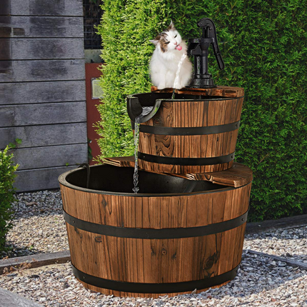 Dreamade 2-Tier Barrel Waterfall Fountain with Hand Pump
