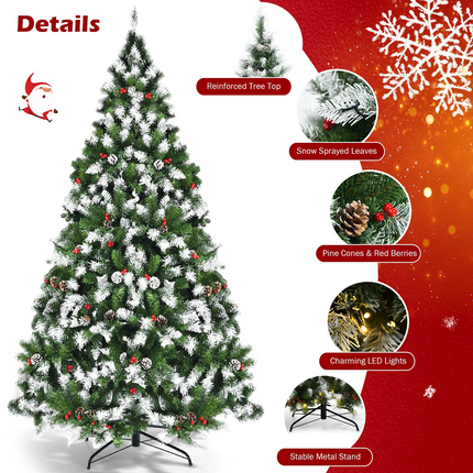 Dreamade Pre-lit Snow Flocked Christmas Tree,Hinged Artificial Xmas Tree, Indoor Holiday Festival Decoration - DreamadeUS