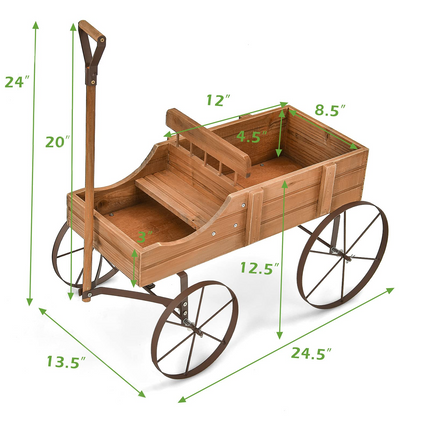 Dreamade Decorative Garden Planter, Small Wagon Cart with Metal Wheels, Wood Raised Beds Plant Pot Stand for Backyard Garden Patio 24.5"x13.5"x24"