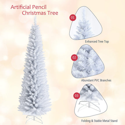 5FT / 6FT / 7FT Pencil Christmas Tree, Artificial Slim White Christmas Tree - DreamadeUS