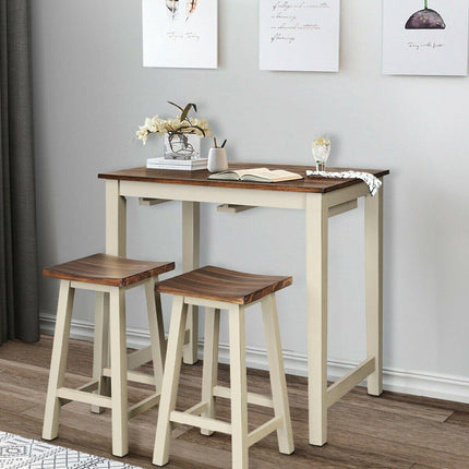 3 Piece Pub Dining Set, Counter Height Pub Table with 2 Saddle Bar Stools, Tavern Collection Table (Brown & Milky White) - Dreamadeus
