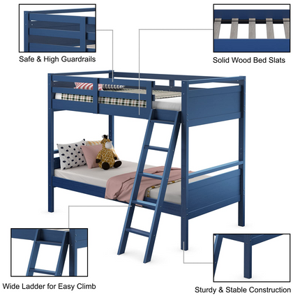 Dreamade Twin Over Twin Bunk Bed, Solid Wood Twin Bunk Bed Convertible Into Two Individual Beds