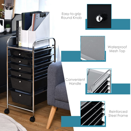 6 Storage Drawer Cart Rolling Organizer Cart, Black - Dreamade