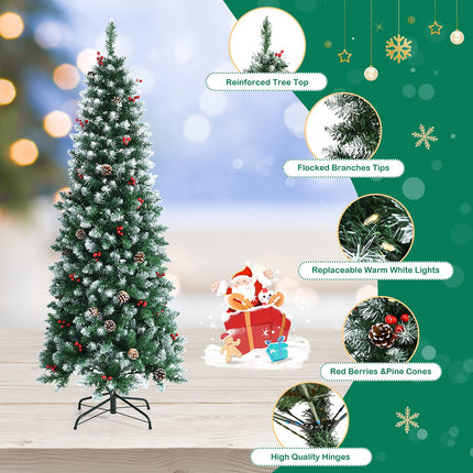 5ft Pre-lit Pencil Christmas Tree, Snow Flocked Artificial Hinged Xmas Tree - DreamadeUS