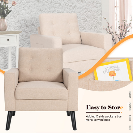 Linen Fabric Armchairs with Side Pockets and Wood Legs, Set of 2 - Dreamade