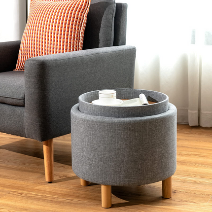 Dreamade Round Storage Ottoman with Tray, Accent Storage Footstool w/ Soft Padding