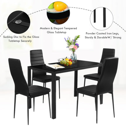 5 Piece Kitchen Dining Table Set with Glass Table Top Leather Padded 4 Chairs (Black) - Dreamadeus