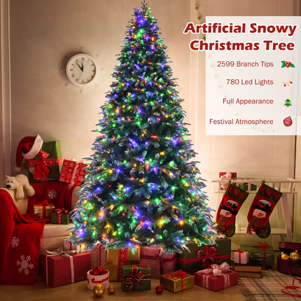 Dreamade 8FT Pre-Lit Artificial Christmas Tree, Hinged Realistic Snowy Xmas Pine Tree W/ 780 Color Changing LED Lights, 11 Flash Modes - DreamadeUS