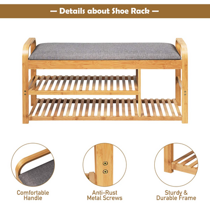 Dreamade Shoe Rack Bench, Entryway 3-Tier Bamboo Shoe Organizer with Cushion (Natural and Grey)