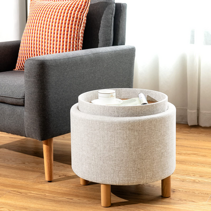 Dreamade Round Storage Ottoman with Tray, Accent Storage Footstool w/ Soft Padding