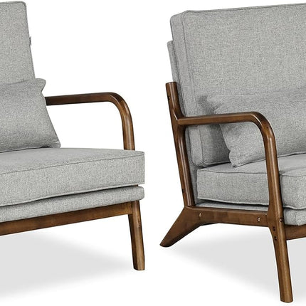 Dreamade Mid Century Modern Accent Chair, Upholstered Armchair with Pillow, Rubber Wood Armrests & Legs
