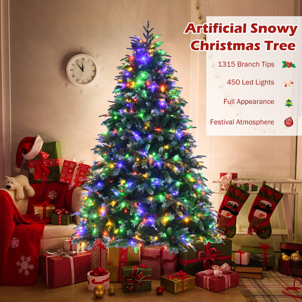Dreamade 7FT Pre-Lit Artificial Christmas Tree, Hinged Realistic Snowy Xmas Pine Tree W/ 450 Color Changing LED Lights, 11 Flash Modes - DreamadeUS