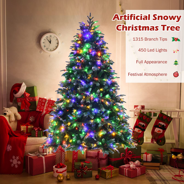 Dreamade 7FT Pre-Lit Artificial Christmas Tree, Hinged Realistic Snowy Xmas Pine Tree W/ 450 Color Changing LED Lights, 11 Flash Modes - DreamadeUS