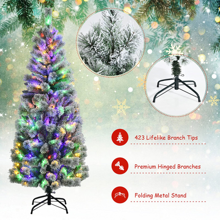 Dreamade Snow Flocked Christmas Tree, Premium Hinged Artificial Pine Tree, Remote Controller, Xmas Full Tree for Indoor - DreamadeUS