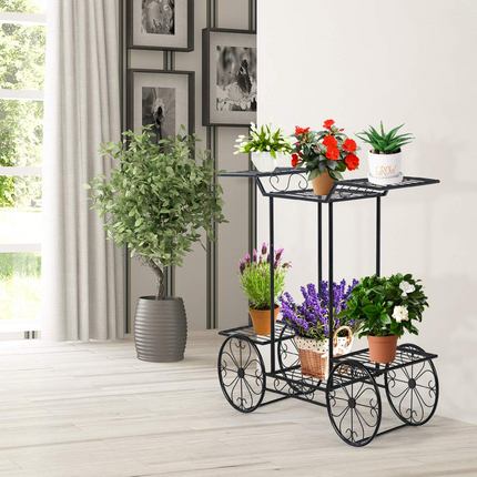 Dreamade Garden Cart Metal Plant Stand with 4 Decorative Wheels