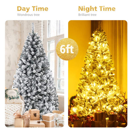 6FT/9FT Snow Flocked Christmas Tree, Hinged Pine Tree - DreamadeUS