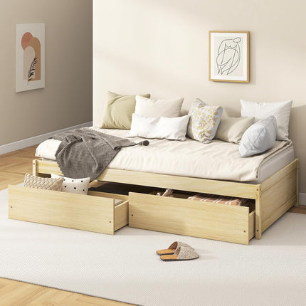 Dreamade Queen/Full/Twin Size Bed Frame with 2 Storage Drawers, Solid Wood Platform Bed with Slats Support