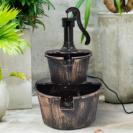 Dreamade 2-Tier Rustic Barrel Waterfall Fountain with Pump