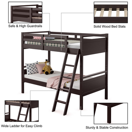 Dreamade Twin Over Twin Bunk Bed, Solid Wood Twin Bunk Bed Convertible Into Two Individual Beds