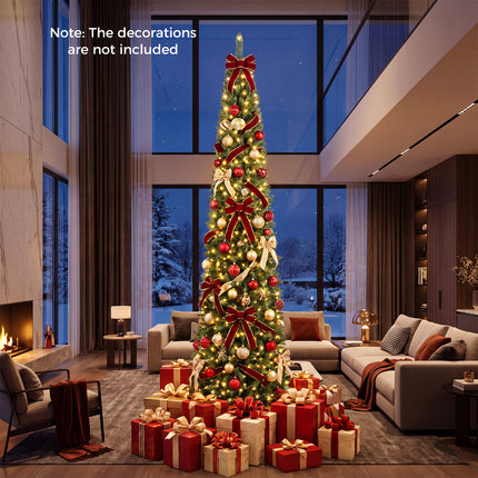 5ft Prelit Pencil Christmas Tree, Artificial Slim Xmas Tree with 150 Warm White LED Lights & 296 Full Branches