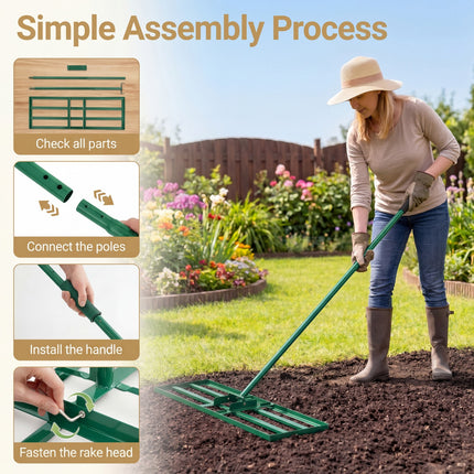 DREAMADE Lawn Leveling Rake, 30"/36"/42" x 10" Professional Grade Soil Distribution Rake w/67 Ergonomic Handle