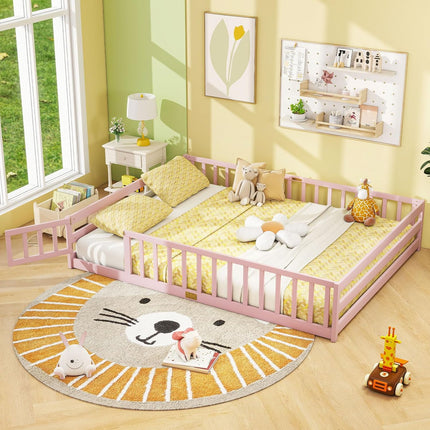 Dreamade Floor Bed with Door & Fence Kids Wood Montessori Beds with Safety Guardrails