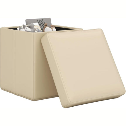 Dreamade Cube Storage Ottoman - 15 Inches Folding Ottoman Storage Chest, PVC Leather, Upholstered Footrest