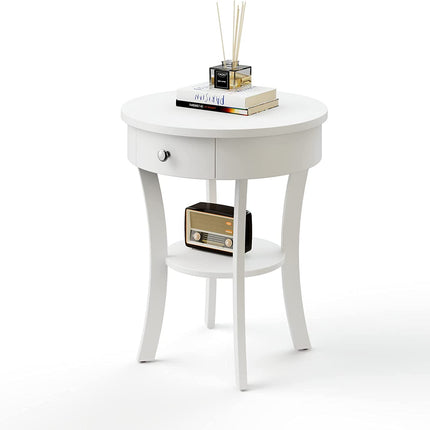 Dreamade Round End Table with Drawer, 2-Tier Wood Side Table w/Open Shelf