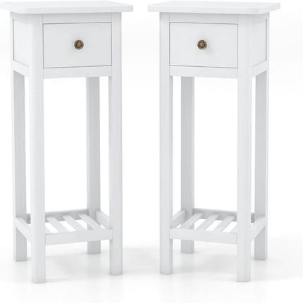 Dreamade Narrow End Table with Drawer, Tall Acacia Wood Side Table with Bottom Shelf, Modern Bedside Tables