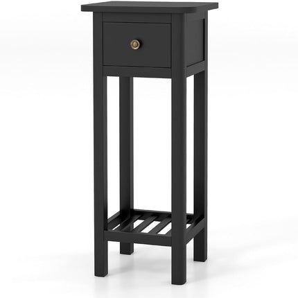 Dreamade Narrow End Table with Drawer, Tall Acacia Wood Side Table with Bottom Shelf, Modern Bedside Tables
