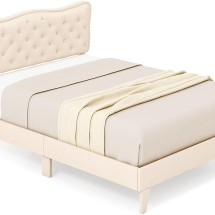 Dreamade Full Size Bed Frame Beige, Linen Fabric Upholstered Platform Bed Frame with Nail Headboard