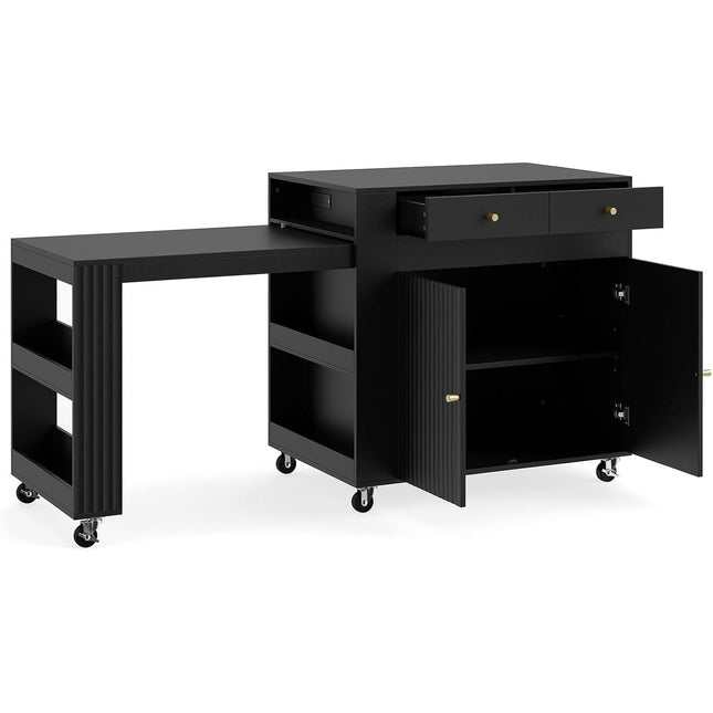 Dreamade 72”-44.5” Extendable Kitchen Island with Storage, Power Outlet | Rolling Kitchen Island Table on Wheels w/Fluted Doors